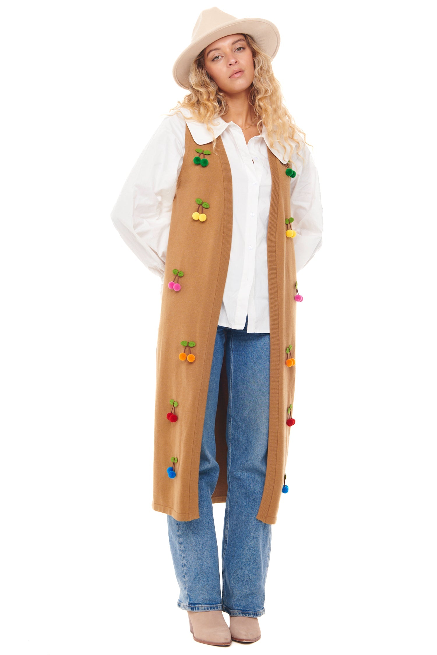 Model wearing Cherry Waistcoat standing facing the camera