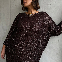 Thumbnail for caption_Model wears Chocolate Sequin Jem Dress in UK size 18/ US 14