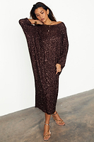 Thumbnail for caption_Model wears Chocolate Sequin Jem Dress in UK size 10/ US 6