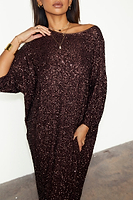 Thumbnail for caption_Model wears Chocolate Sequin Jem Dress in UK size 10/ US 6