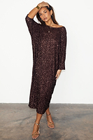 Thumbnail for caption_Model wears Chocolate Sequin Jem Dress in UK size 10/ US 6