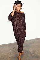 Thumbnail for caption_Model wears Chocolate Sequin Jem Dress in UK size 10/ US 6