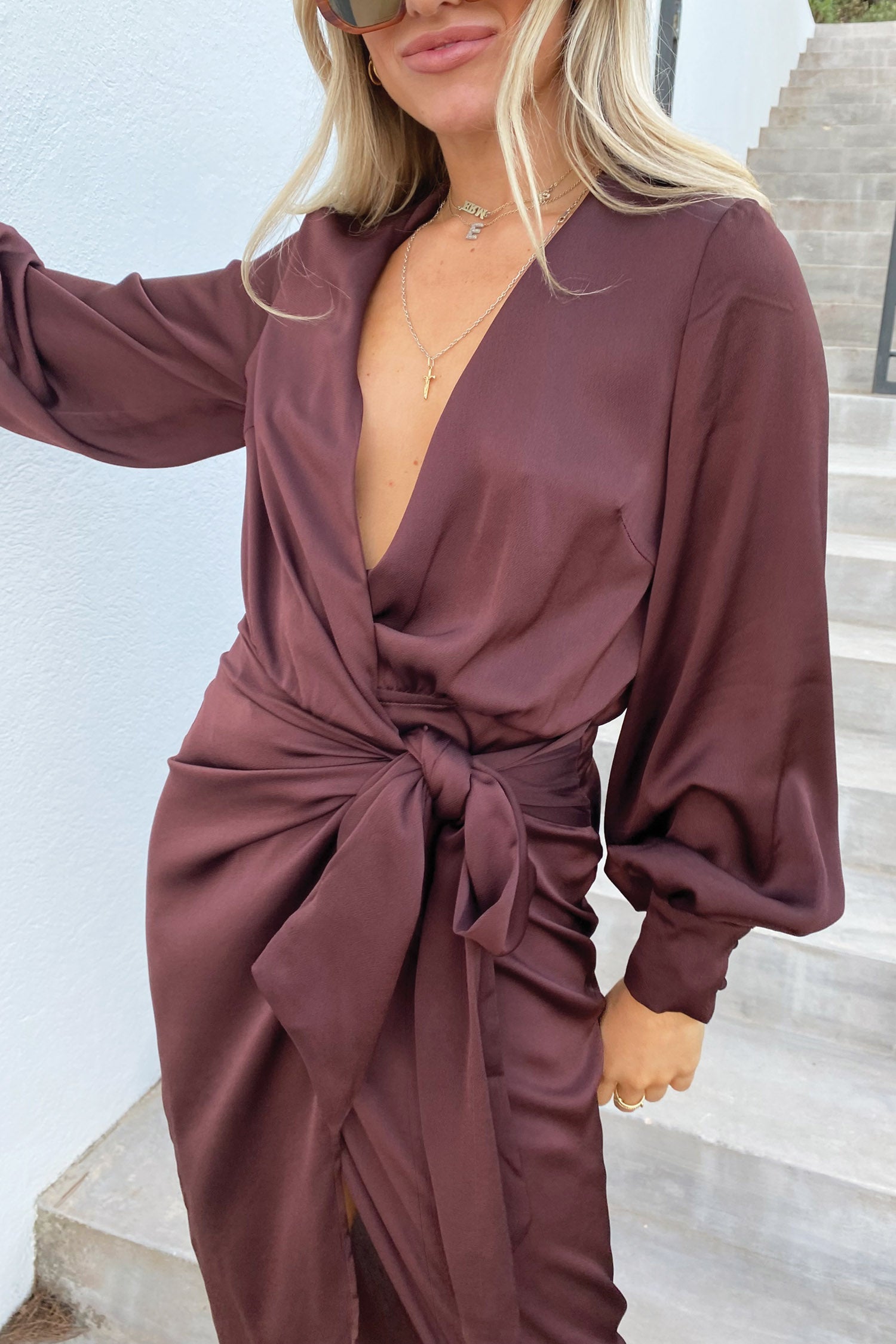 Model wearing coco wrap dress - pose 7