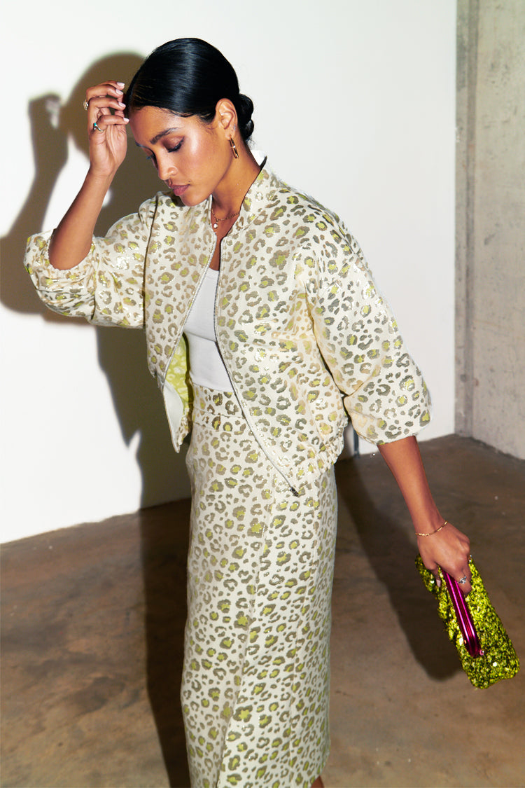 caption_Model wears Cream and Lime Animal Jacquard Bomber in S