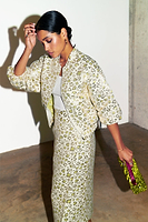 Thumbnail for caption_Model wears Cream and Lime Animal Jacquard Bomber in S