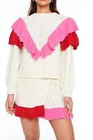 Thumbnail for Model wearing Cream Ruffle Cable Knit Skirt standing facing the camera close up