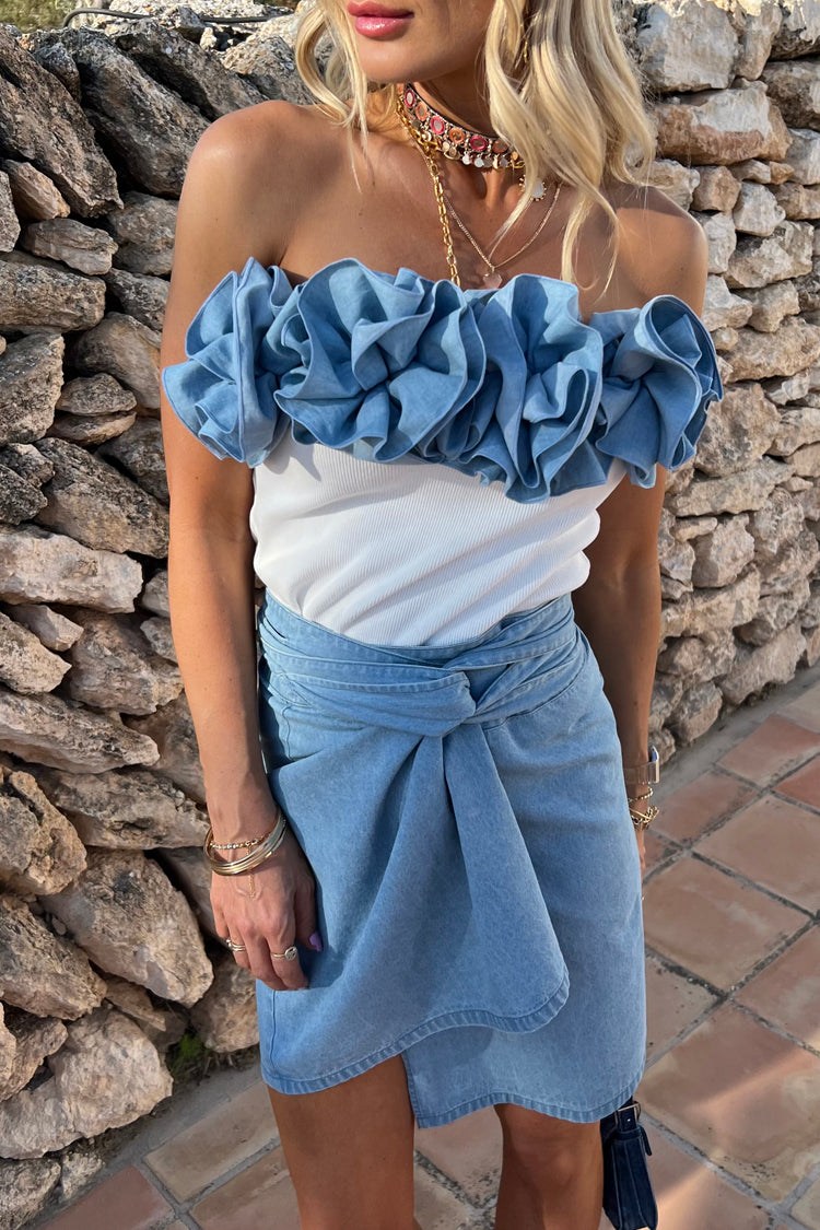 Model wearing Denim Mini Jaspre Skirt