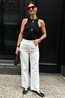 Thumbnail for caption_Model wears Ecru Scallop Detail Jeans in UK size 10/ US 6