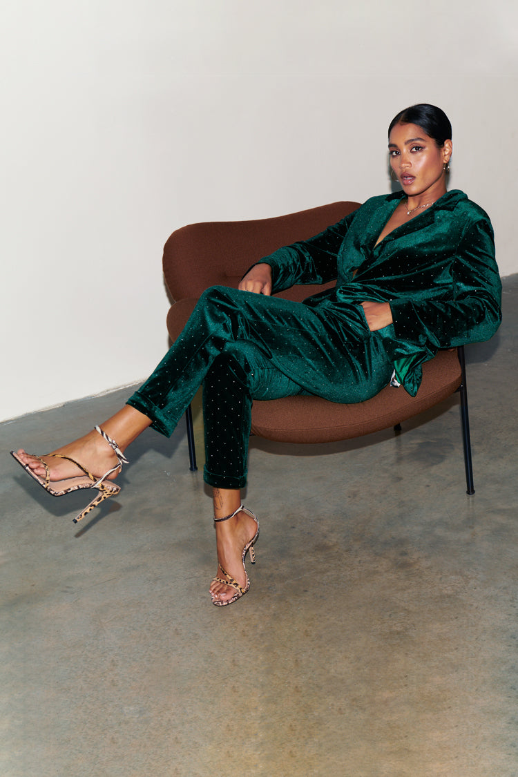 caption_Model wears Emerald Velvet Quinn Trousers in UK 8 / US 4