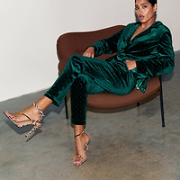 Thumbnail for caption_Model wears Emerald Velvet Quinn Trousers in UK 8 / US 4