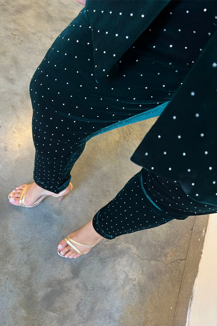 Model wearing Emerald Velvet Quinn Trouser 