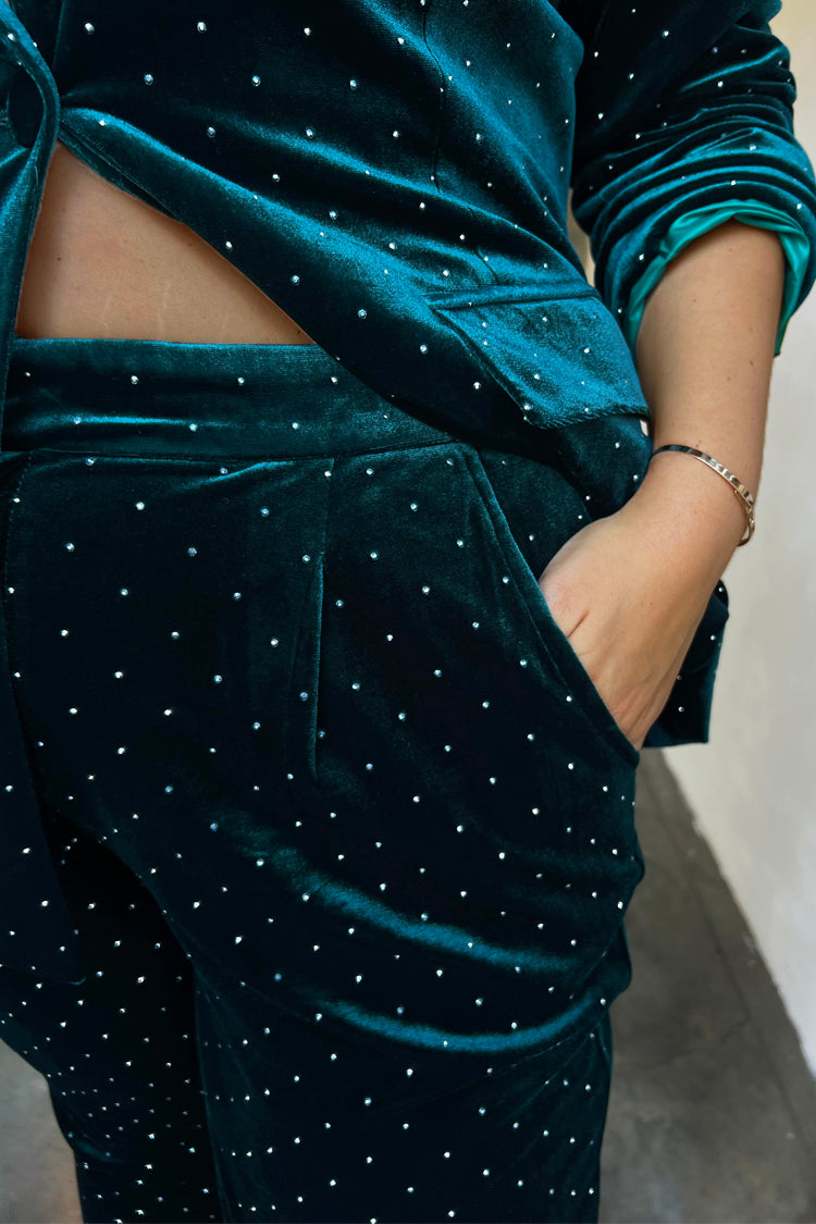 Model wearing Emerald Velvet Quinn Trouser 