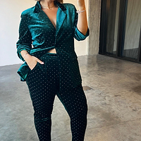 Thumbnail for caption_Model wears Emerald Velvet Quinn Trousers in UK 18 / US 14