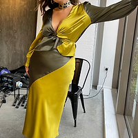 Thumbnail for Model wearing Lime and Khaki Emmy Skirt standing facing the camera