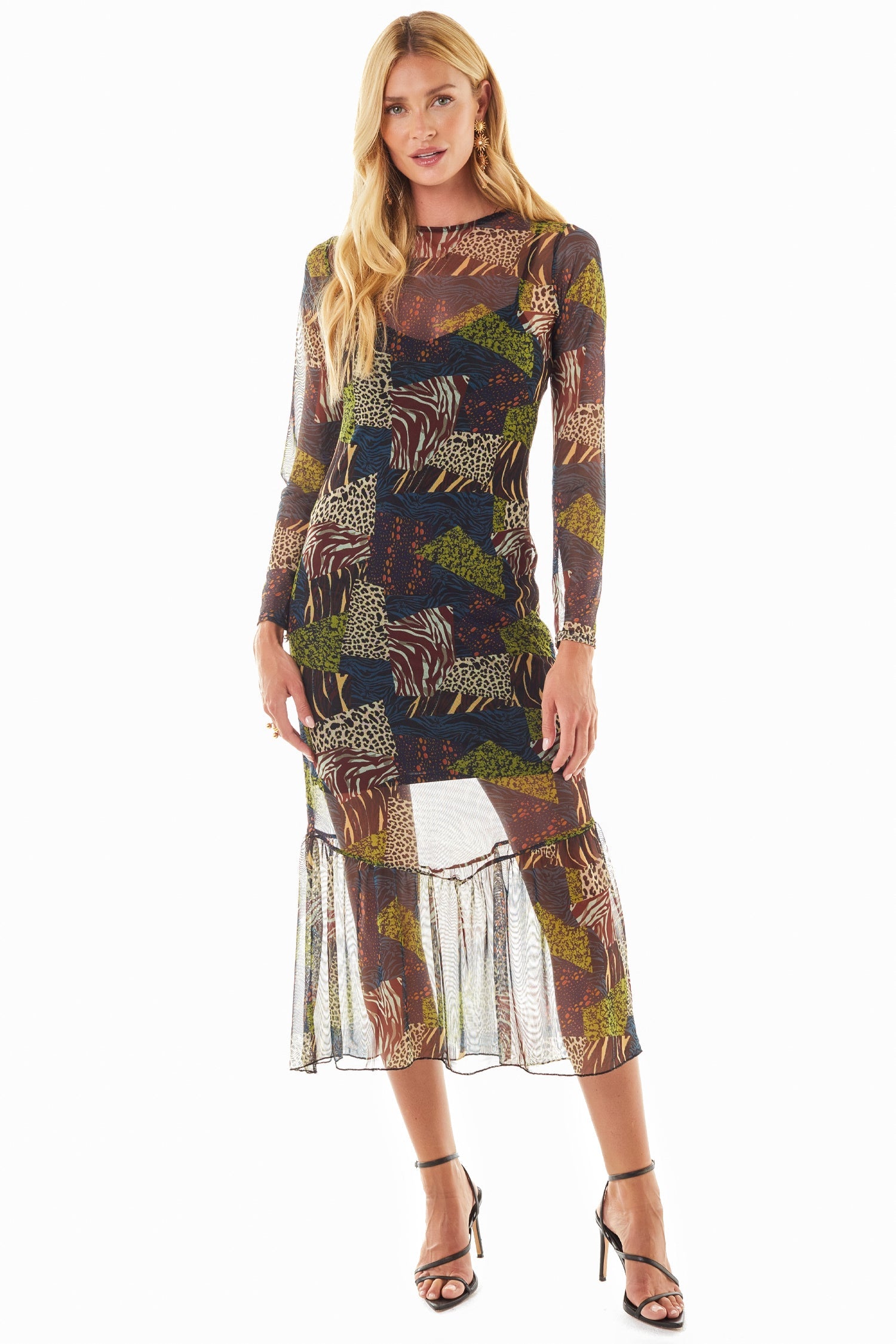 Model wearing Fiona Animal Mesh Dress standing facing the camera