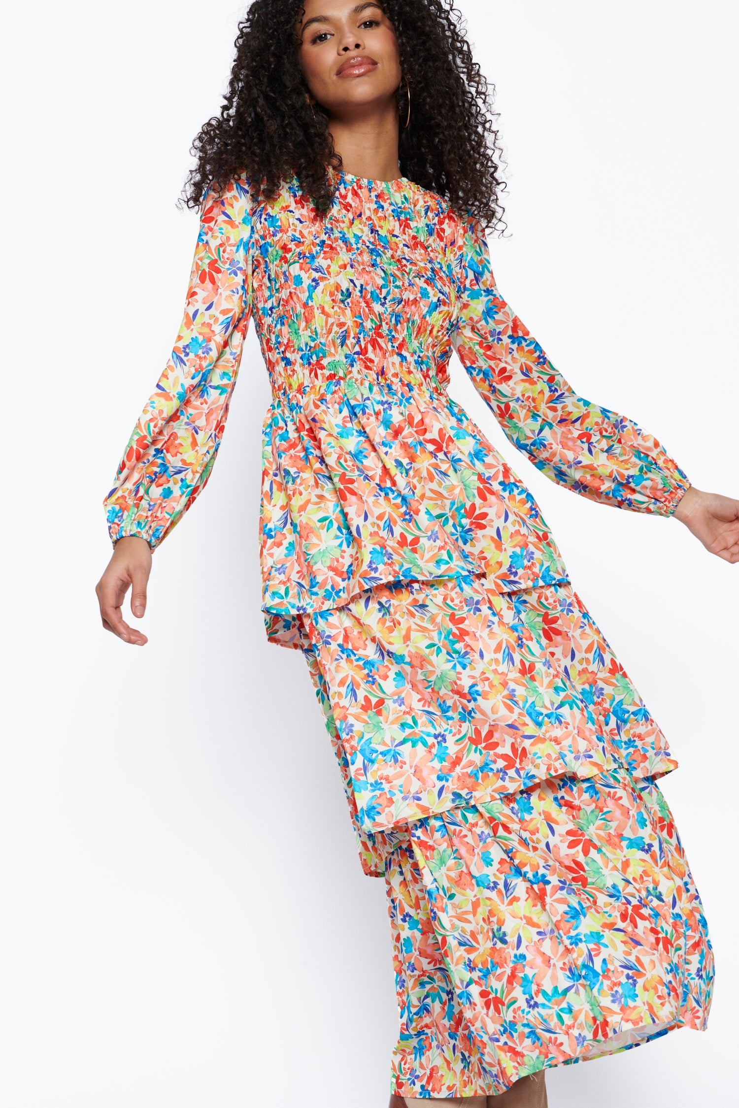 Model wearing Floral Lisa Dress standing facing the camera 