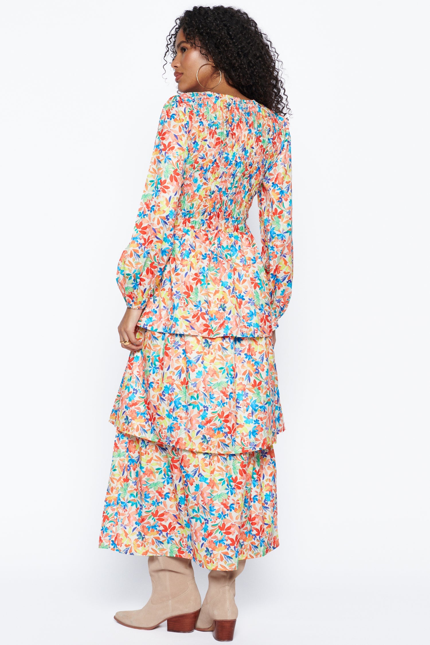 Model wearing Floral Lisa Dress standing facing away from the camera 