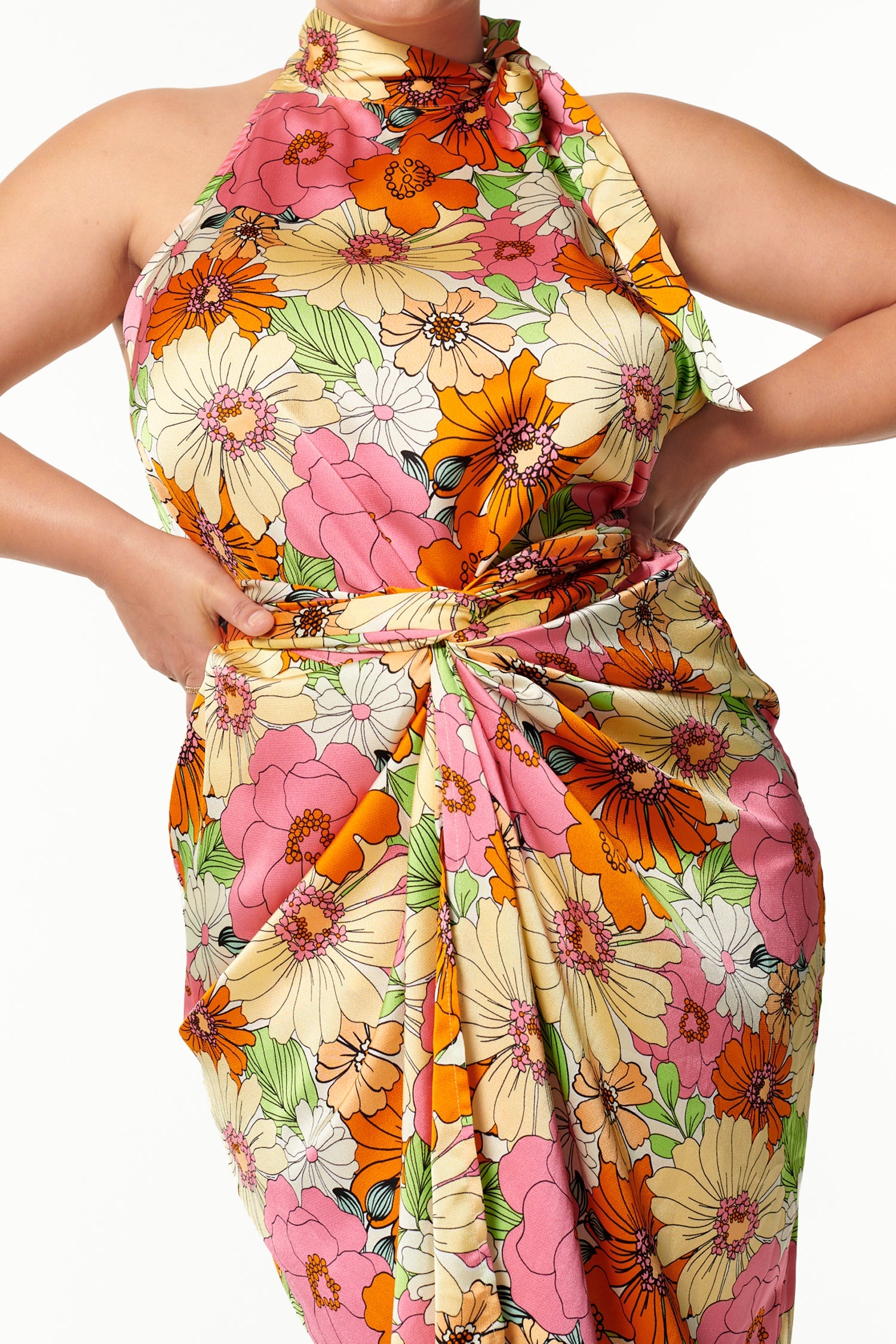 Model wearing Flowers Scarlett Top close up