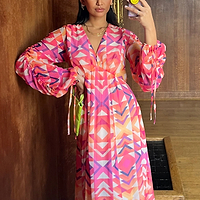 Thumbnail for Model wearing Pink Geo Midi Dress standing facing the camera