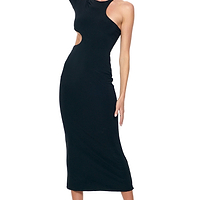 Thumbnail for Model wearing Black Midi Gigi Cut Out Dress standing facing the camera