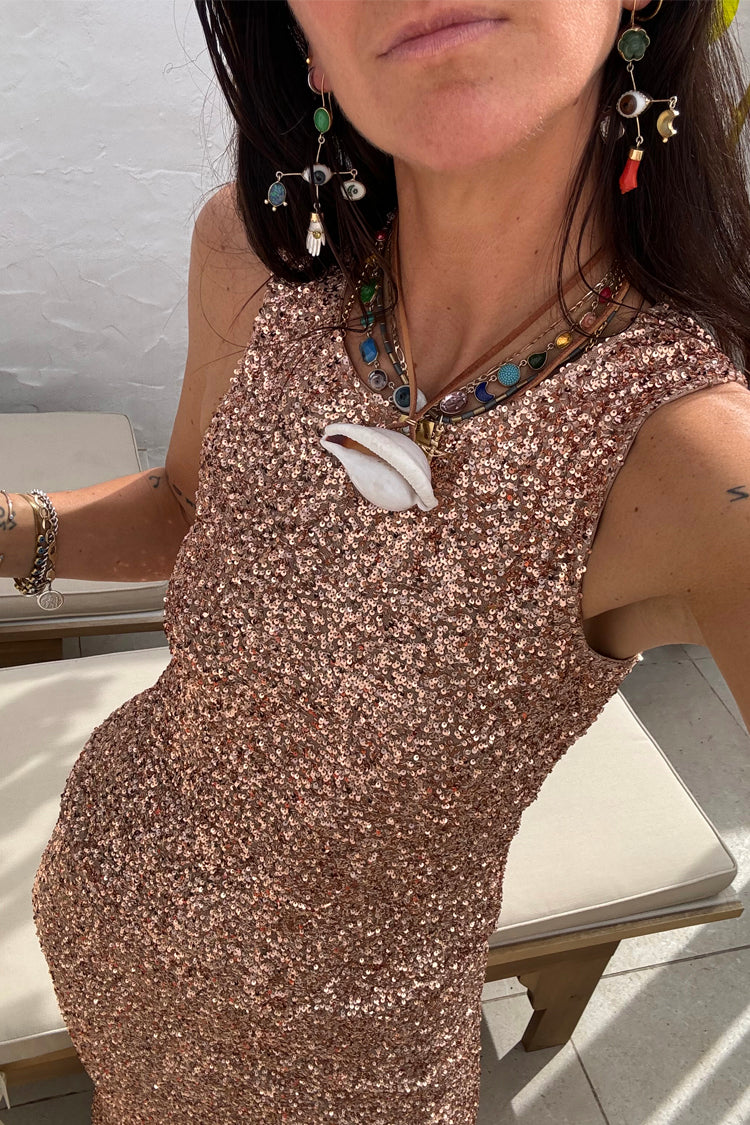 caption_Model wears Gold Sequin Tank Top  in UK size 10/ US 6