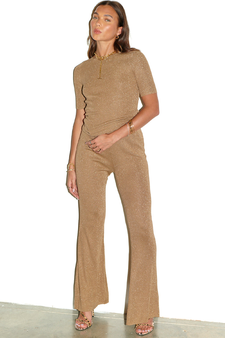 Model wearing Gold Sparkle Trousers