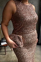 Thumbnail for caption_Model wears Gold Sequin Tank Top  in UK size 18/ US 14
