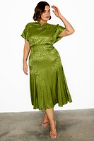 Thumbnail for caption_Model wears Green Jacquard Midi Erin Dress in UK size 18/ US 14