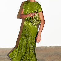 Thumbnail for caption_Model wears Green Jacquard Midi Erin Dress in UK 8 / US 4