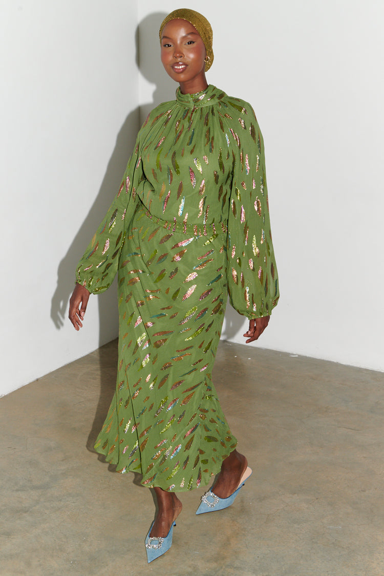 Khaki Jacquard Slip Skirt