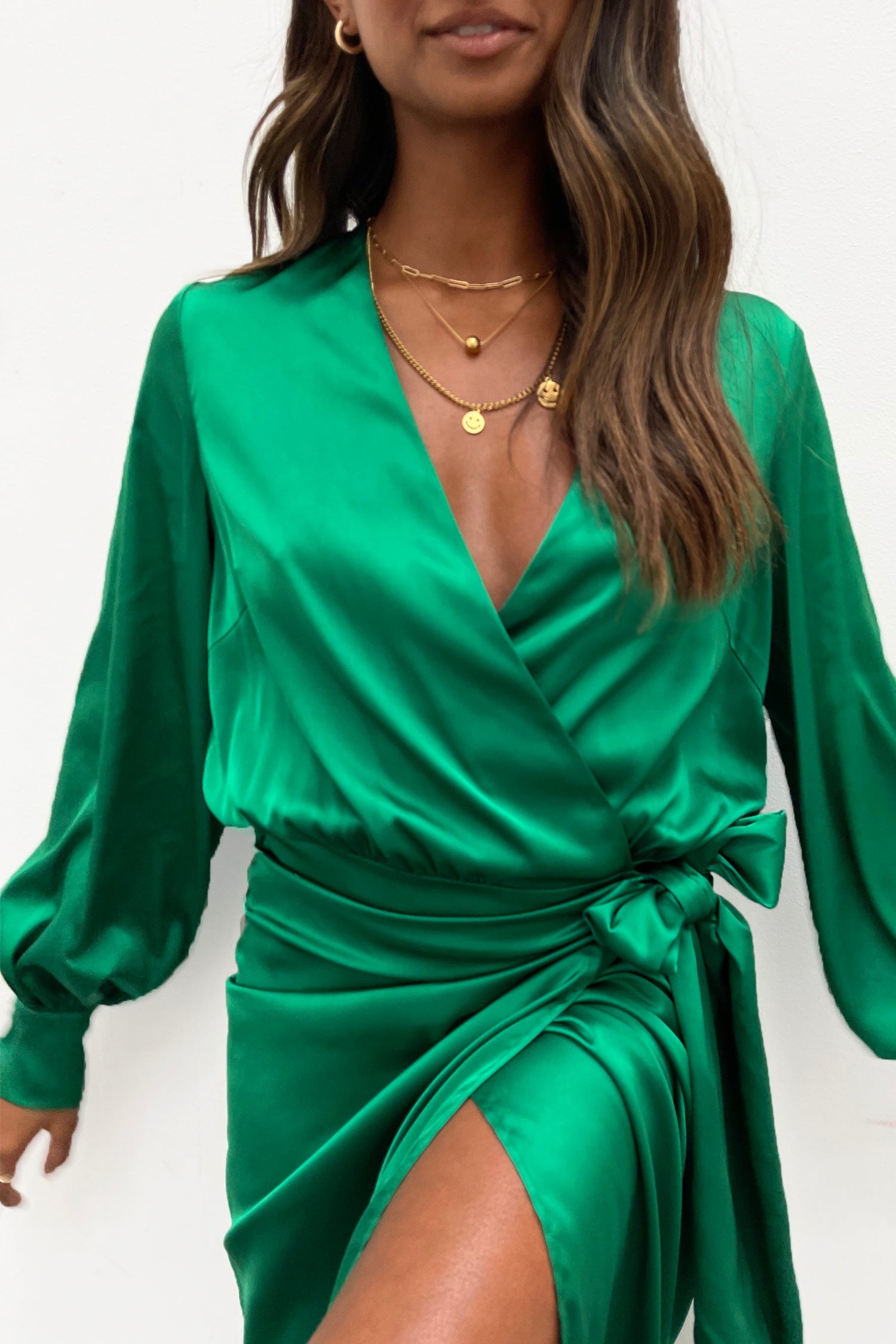 Model wearing Green Vienna Midi Dress close up