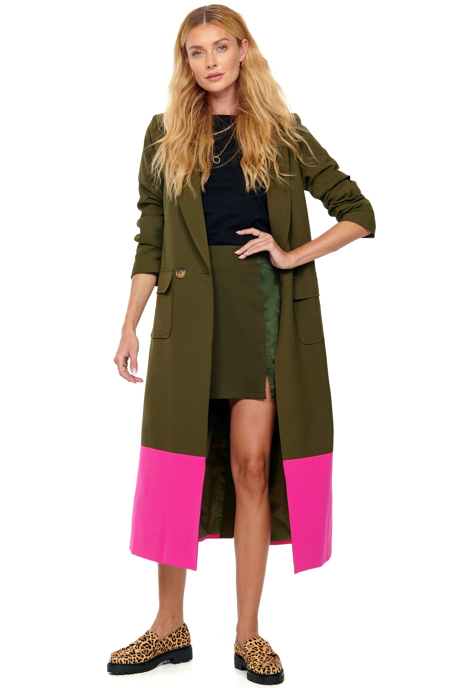 Model wearing Khaki Mini Skirt standing facing the camera