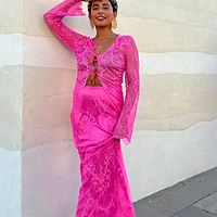 Thumbnail for Model wearing Pink Lace Skirt standing facing the camera