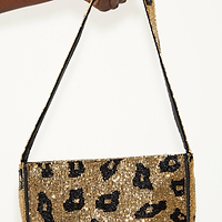 Thumbnail for Brown Leopard Beaded Baguette Bag