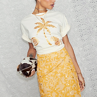 Thumbnail for caption_Model wears Cream and Gold Mosaic Leopard T-Shirt in UK size 10/ US 6