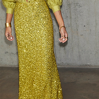 Thumbnail for caption_Model wears Lime Sequin Dorris Skirt in UK size 10/ US 6