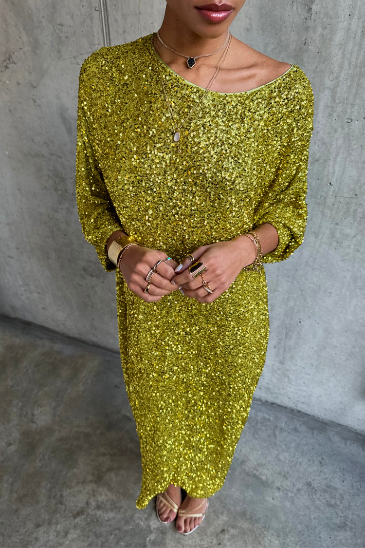 caption_Model wears Lime Sequin Jem Dress in UK size 10/ US 6