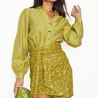 Thumbnail for caption_Model wears Lime Sequin Mini Jaspre Skirt in UK size 10/ US 6