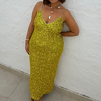 Thumbnail for caption_Model wears  Lime Sequin Slip Dress in UK size 18 / US 14