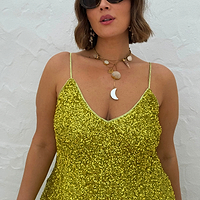 Thumbnail for caption_Model wears  Lime Sequin Slip Dress in UK size 18 / US 14