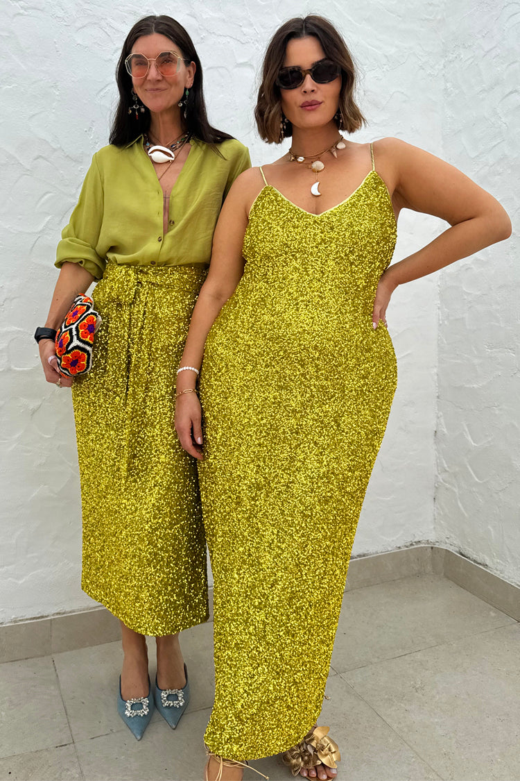 caption_Model wears  Lime Sequin Slip Dress in UK size 18 / US 14
