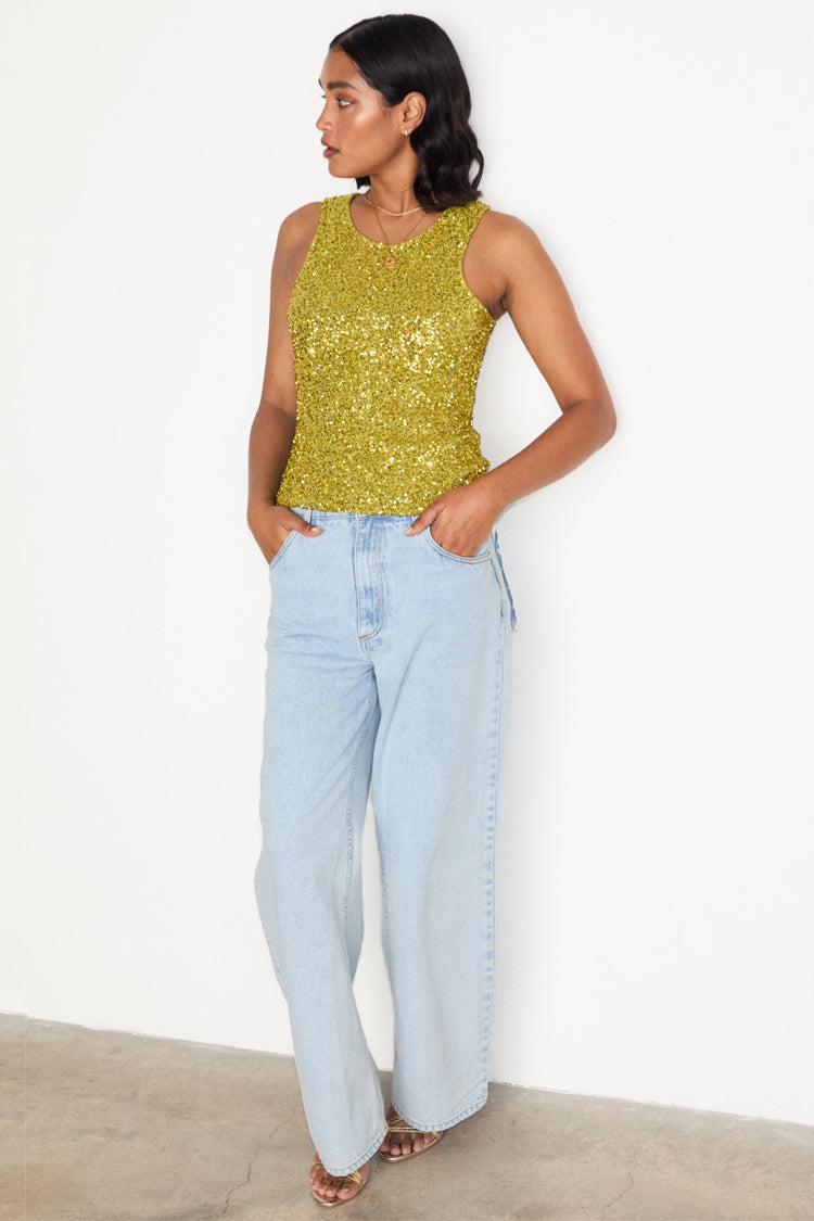 caption_Model wears Lime Sequin Tank Top  in UK size 10/ US 6