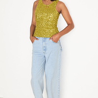 Thumbnail for caption_Model wears Lime Sequin Tank Top  in UK size 10/ US 6