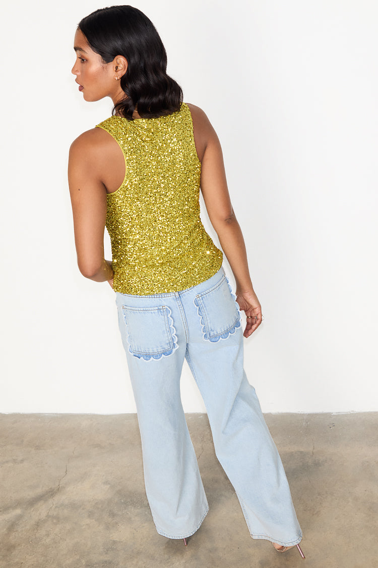 caption_Model wears Lime Sequin Tank Top  in UK size 10/ US 6