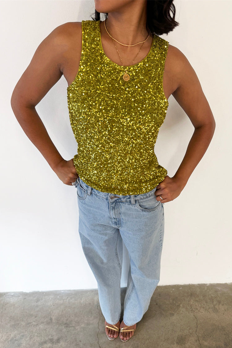 caption_Model wears Lime Sequin Tank Top  in UK size 10/ US 6