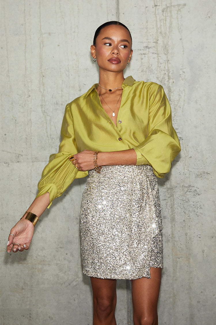 model wearing Lime Miley Shirt 