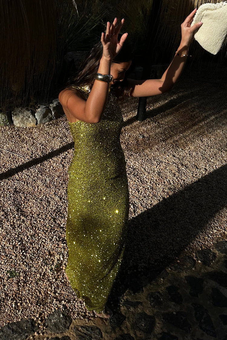 caption_Model wears Lime Sequin Tank Top  in UK size 10/ US 6