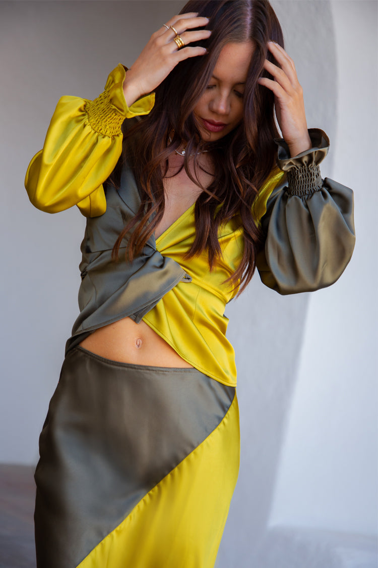 Lime and Khaki Wrap Top