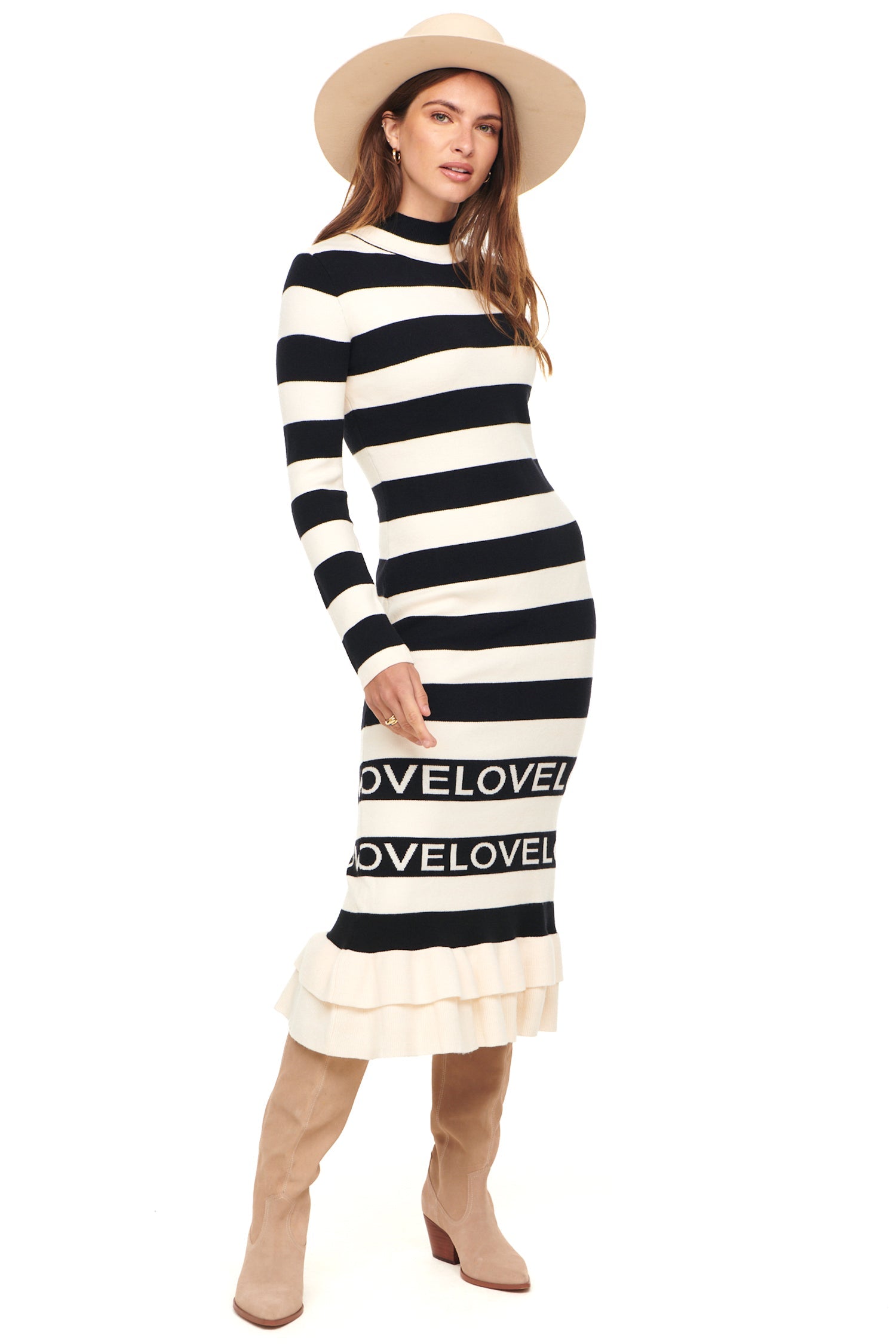 Model wearing Love Ruffle Midi Dress standing facing the camera 