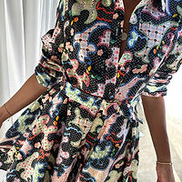Thumbnail for caption_Model wears Black Magnolia Lauren Mini Shirt Dress in UK size 10/ US 6